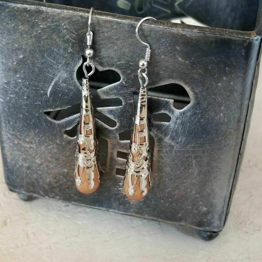 Victorian Filigree Capped Wood 68mm Long Teardrop Dangle Earrings Silver Tone - Picture 7 of 7
